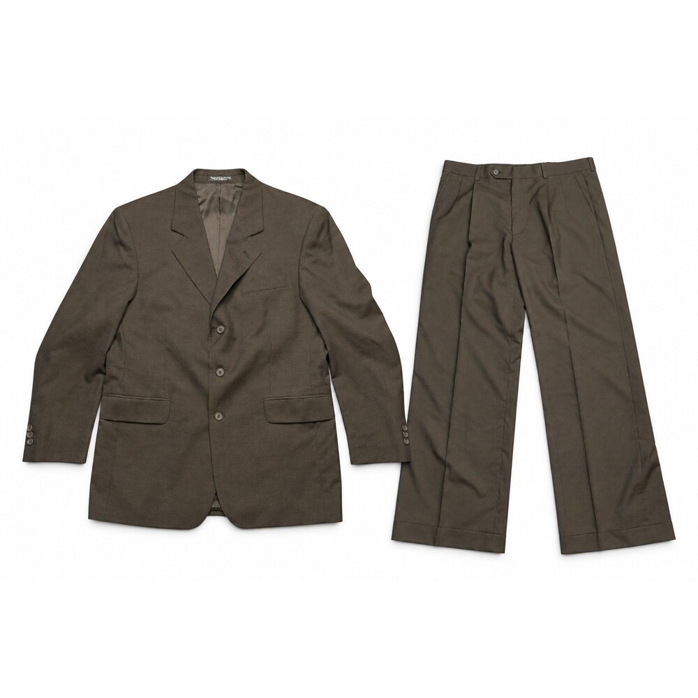 Zylos Platinum George Machado Mens Wool Suit 40x34 Herringbone 2 Piece Taupe